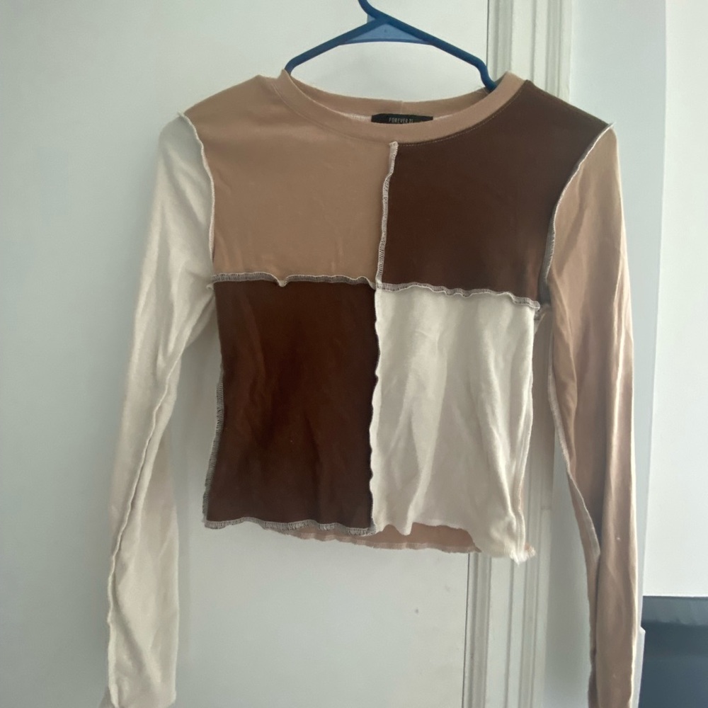 Forever 21 Patchwork Long Sleeve Top - Brown and Cream
